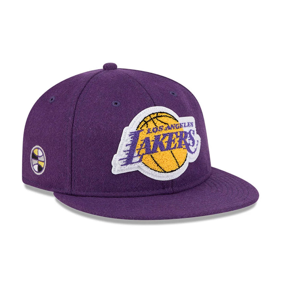 LA Lakers NBA Chenille Woven Purple Retro Crown New Era 9FIFTY Adjustable Cap, front view showing raised chenille Lakers logo embroidered on the front panel, purple flat visor, and embroidered white, yellow, and purple side logo.