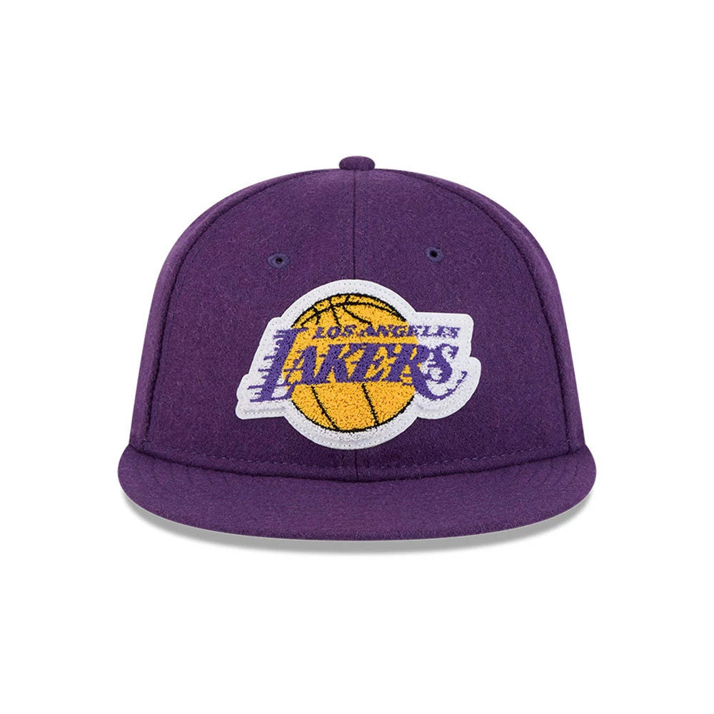 LA Lakers NBA Chenille Woven Purple Retro Crown New Era 9FIFTY Adjustable Cap, front view showing a large embroidered Lakers logo in yellow and purple with a basketball design on the structured purple crown and matching purple visor.