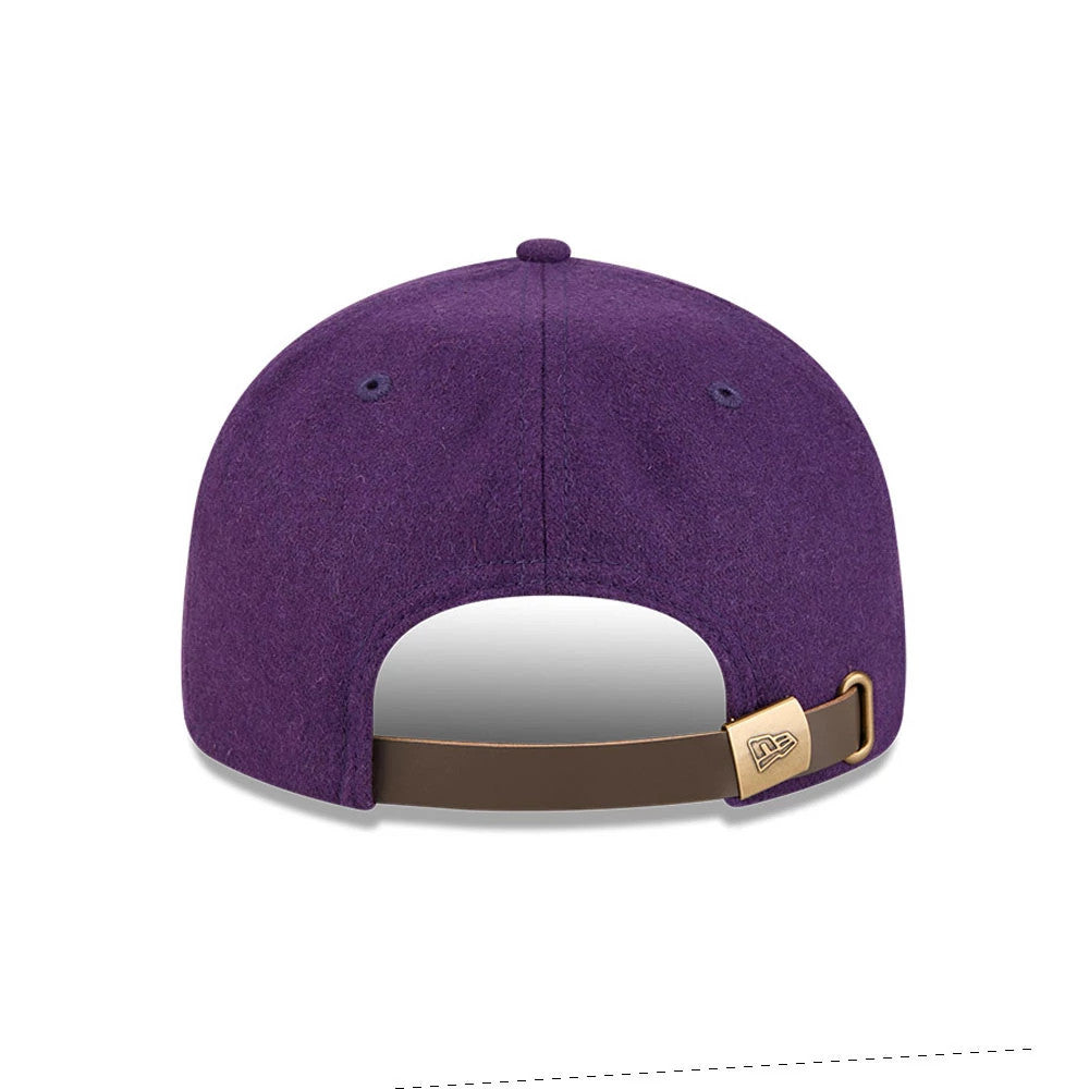 LA Lakers NBA Chenille Woven Purple Retro Crown New Era 9FIFTY Adjustable Cap, rear view showing the purple structured crown with a brown adjustable strap and a gold New Era flag logo on the closure, centred on the back panels.
