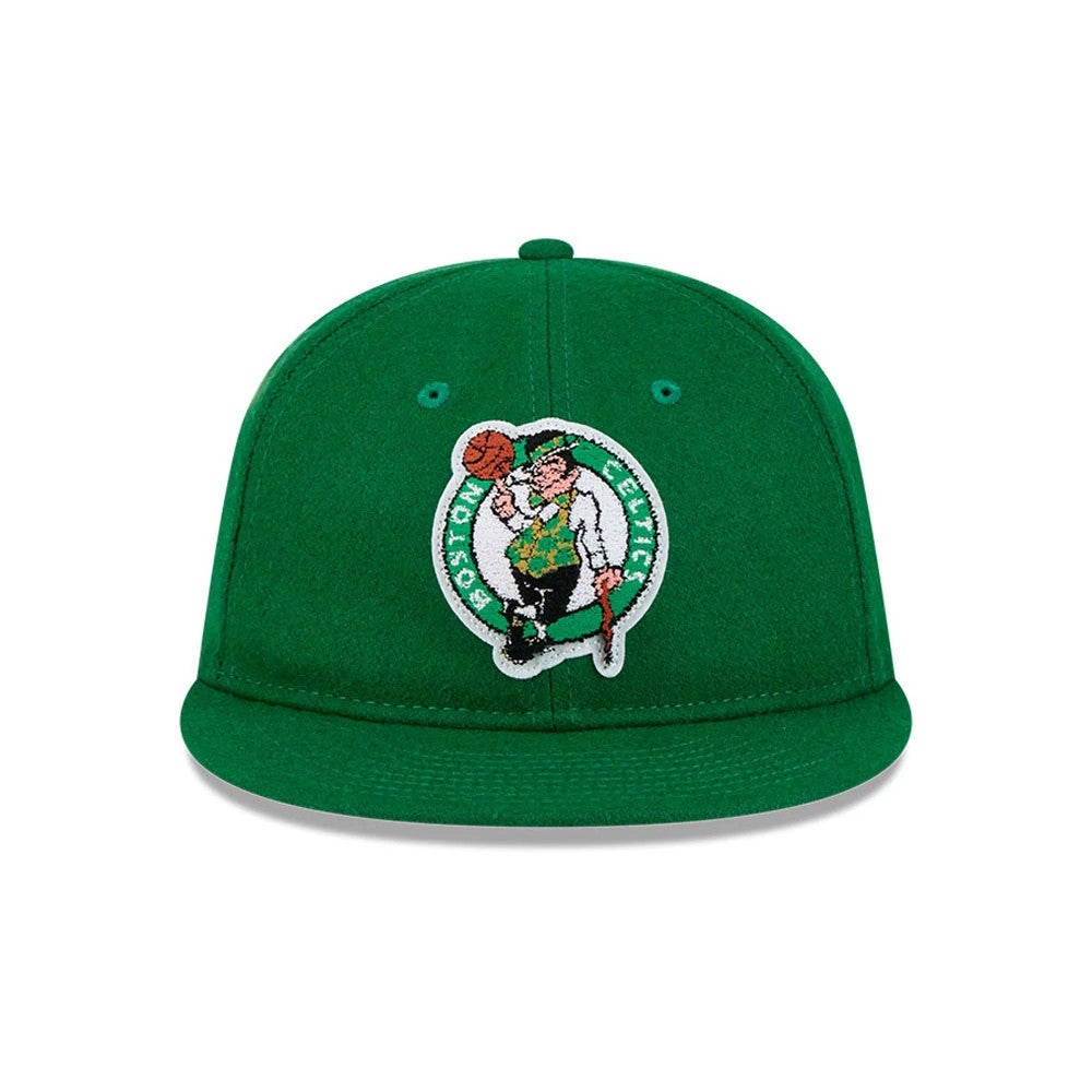 Boston Celtics NBA Chenille Woven Green Retro Crown New Era 9FIFTY Adjustable Cap, front view showing the detailed embroidered Celtics logo with a chenille texture on the front panel, complete with a flat green visor and top button.