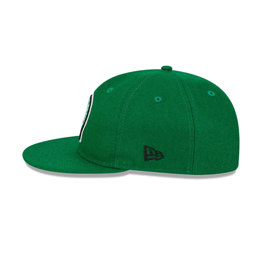 Boston Celtics NBA Chenille Woven Green Retro Crown New Era 9FIFTY Adjustable Cap, side view showing the black embroidered New Era flag logo on the left side of the structured green crown with matching green eyelets and a flat visor.