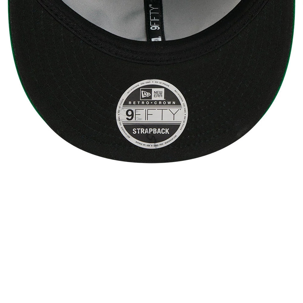 Boston Celtics NBA Chenille Woven Green Retro Crown New Era 9FIFTY Adjustable Cap, inside view showing the grey lining with black taping, black sweatband and the official 9FIFTY size sticker placed on the black visor.