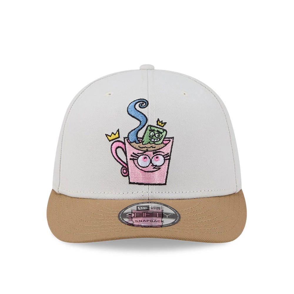 Nickelodeon Fairly Oddparents Light Beige New Era 9FIFTY Snapback Adjustable Cap, front view showing the embroidered graphic of a smiling pink mug with steam and crown, centred on a light beige crown with a contrasting beige visor.