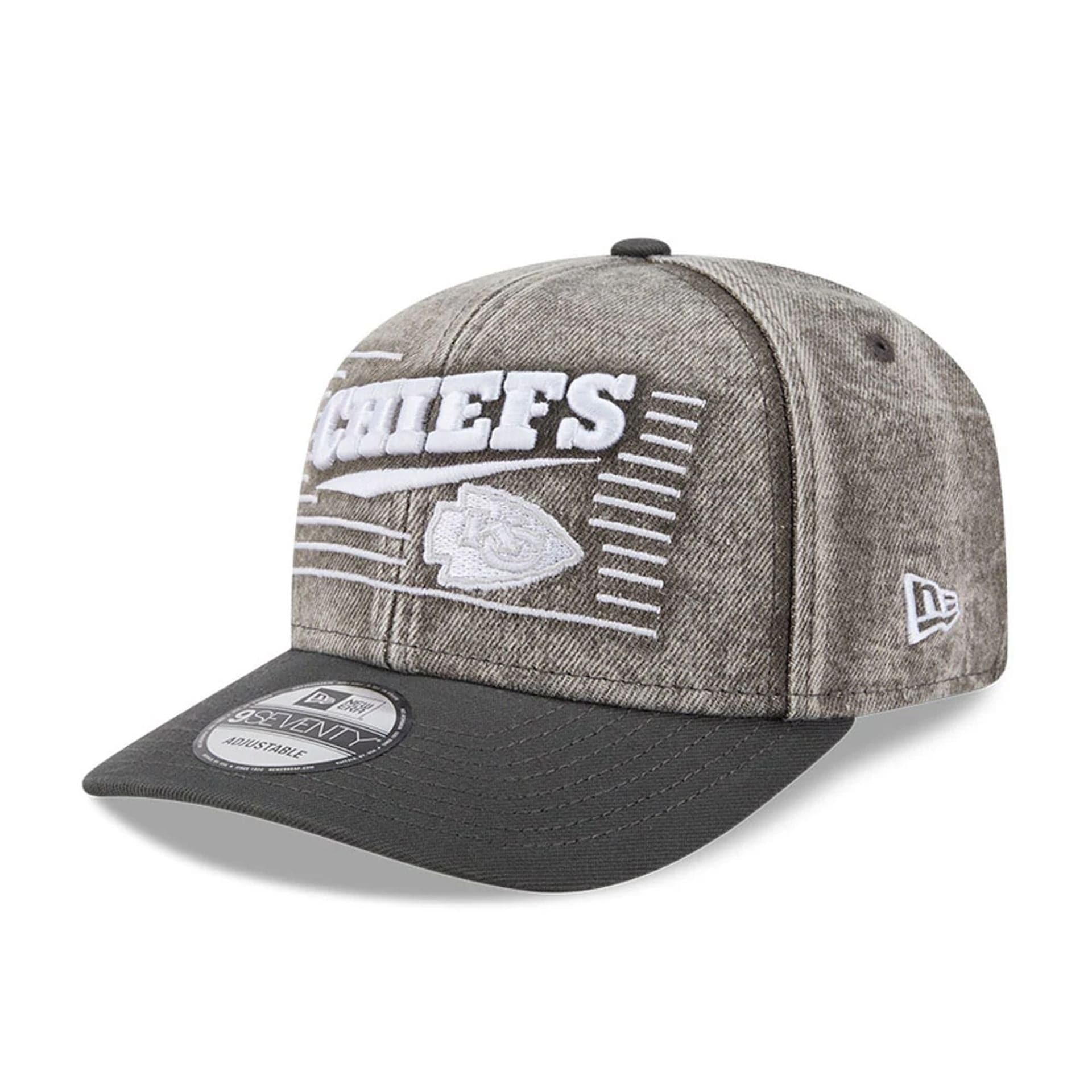 Pictured is this NFL Washed Denim Kansas City Chiefs 9SEVENTY Stretch Snap cap in dark grey. 1