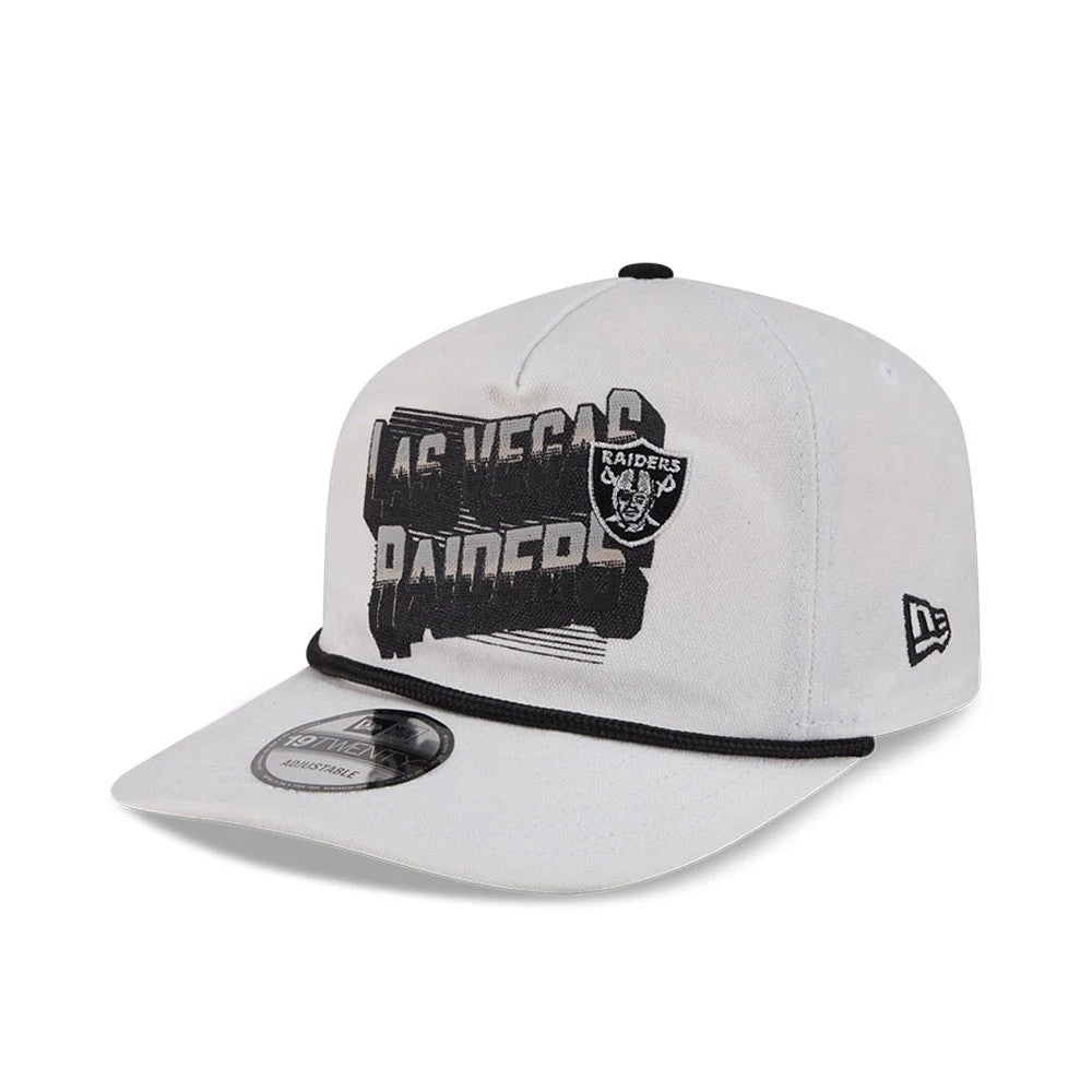 Las Vegas Raiders NFL Duck Cloth White New Era 19TWENTY Adjustable Cap, front view showing the black Las Vegas Raiders graphic with shield logo on the white crown, black contrasting trim above visor, and 19TWENTY size sticker on the visor.