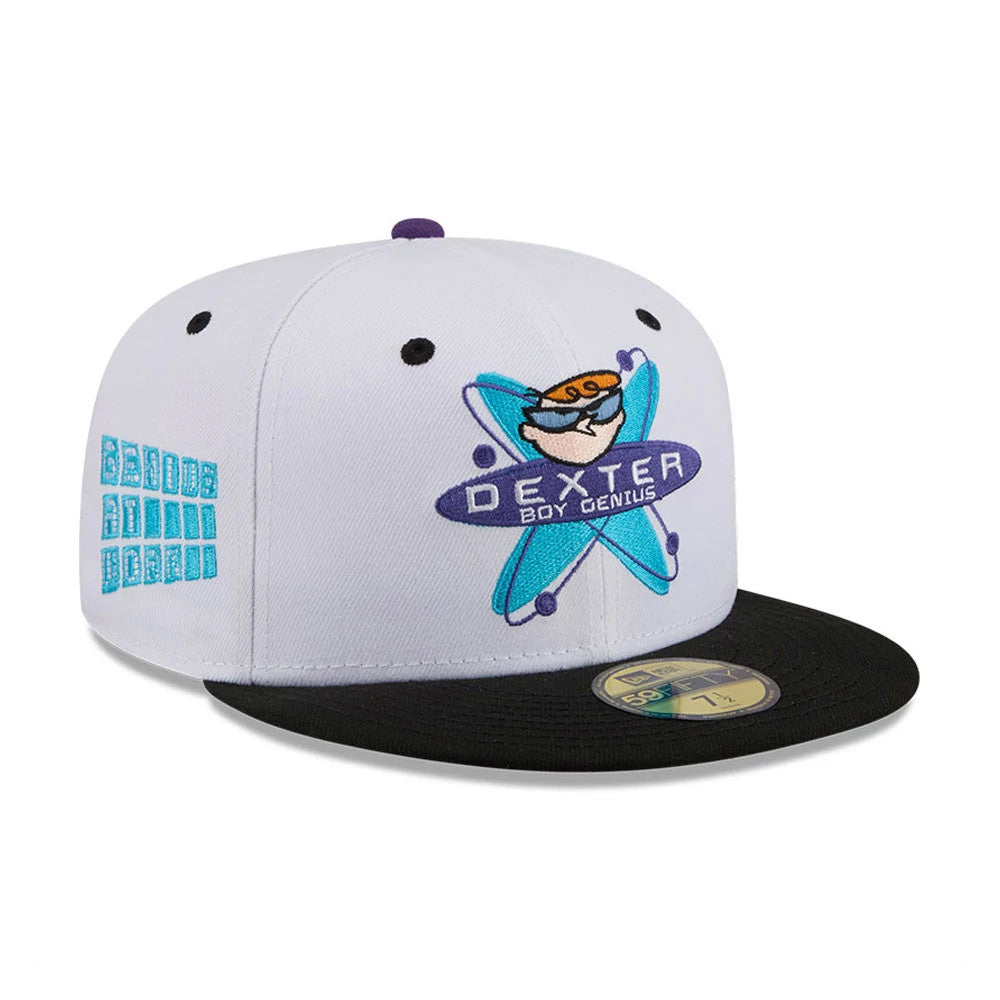 Dexter's Laboratory Genius At Work White New Era 59FIFTY Fitted Cap, front view showing a colourful embroidered Dexter Boy Genius logo on the white crown, with a black flat visor and a gold 59FIFTY size sticker on the visor.