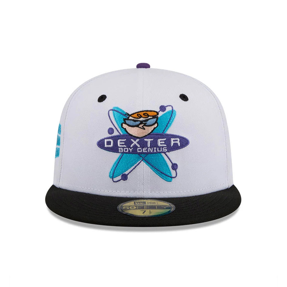Dexter's Laboratory Genius At Work White New Era 59FIFTY Fitted Cap, front view showing a colourful embroidered Dexter logo on the white front panel, with a contrasting black flat visor and a gold 59FIFTY size sticker on the visor.