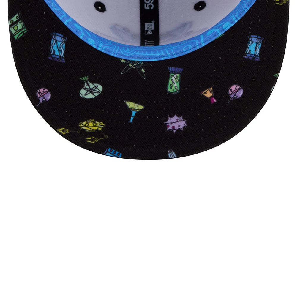 Dexter's Laboratory Genius At Work White New Era 59FIFTY Fitted Cap, inside view showing a blue undervisor with cartoon-themed graphics, decorated with a New Era flag logo, and black taping running along the centre against the white sweatband.