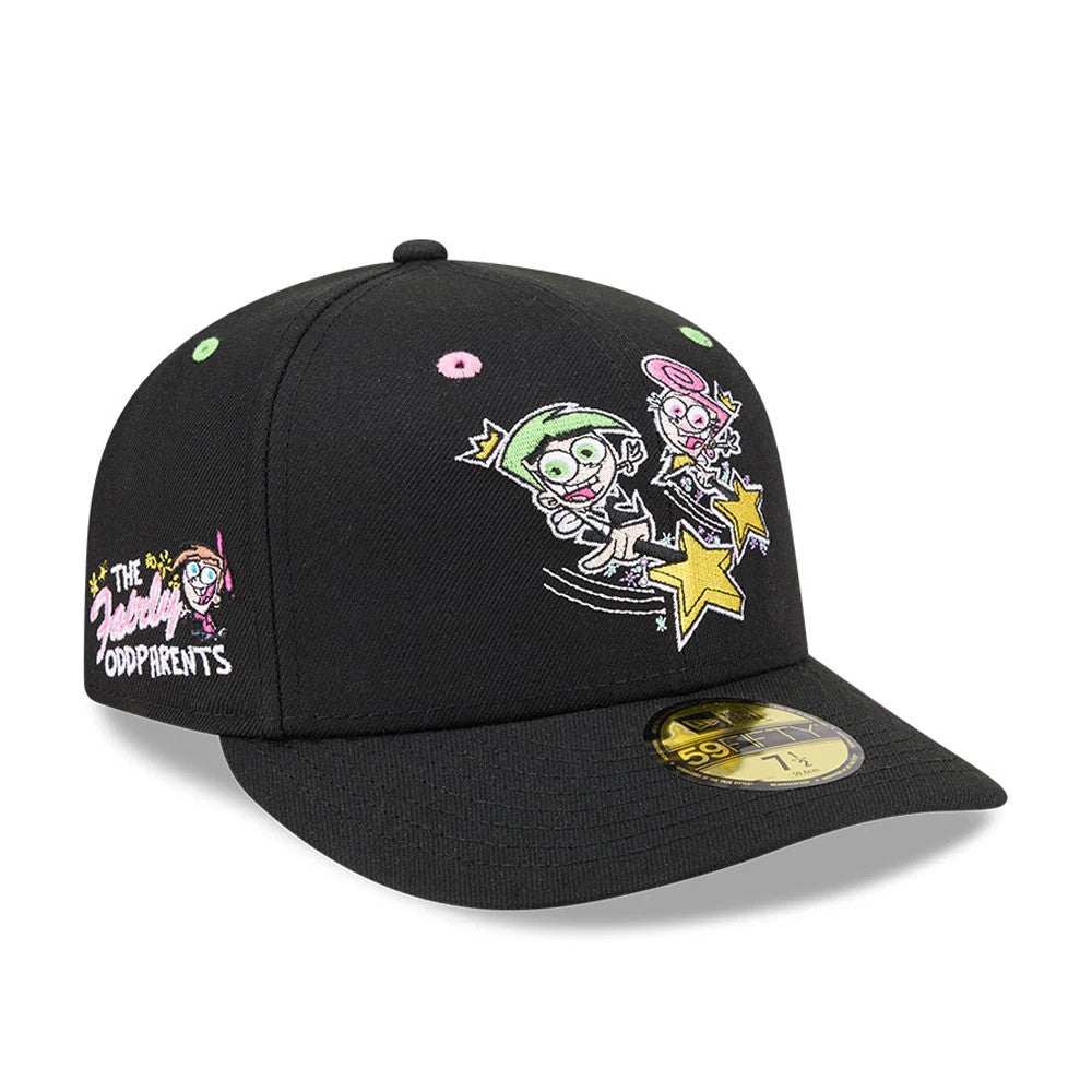 Nickelodeon Fairly Oddparents Black New Era 59FIFTY Fitted Cap, front view showing embroidered graphics of Fairly Oddparents characters with stars on the crown, a yellow 59FIFTY size sticker on the flat black visor, and colourful eyelets.