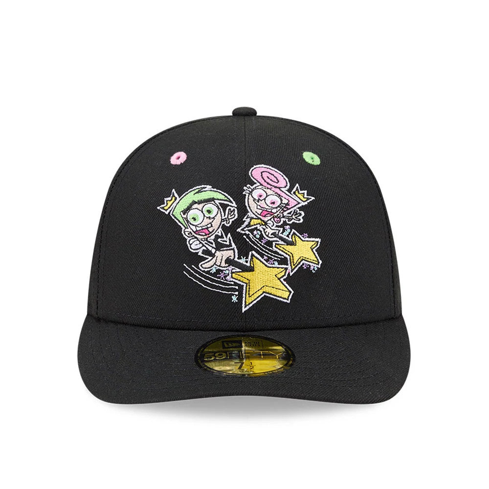 Nickelodeon Fairly Oddparents Black New Era 59FIFTY Fitted Cap, front view showing embroidered characters with stars on the black front panel, a gold 59FIFTY size sticker centred on the black flat visor, and two coloured eyelets.
