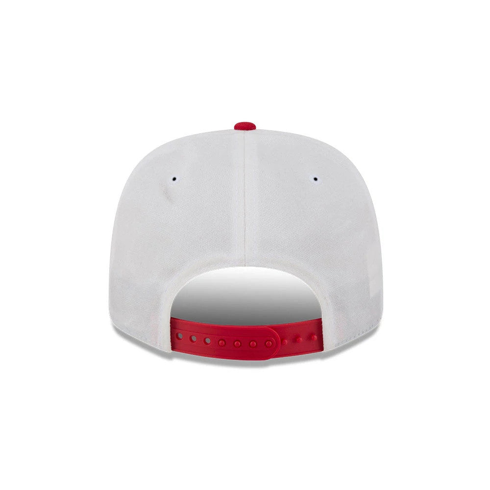 Kansas City Chiefs NFL Duck Cloth White New Era 9SEVENTY Stretch Snap Cap, rear view showing a white crown with eyelets, red snap closure for adjustable sizing, and red top button detail.