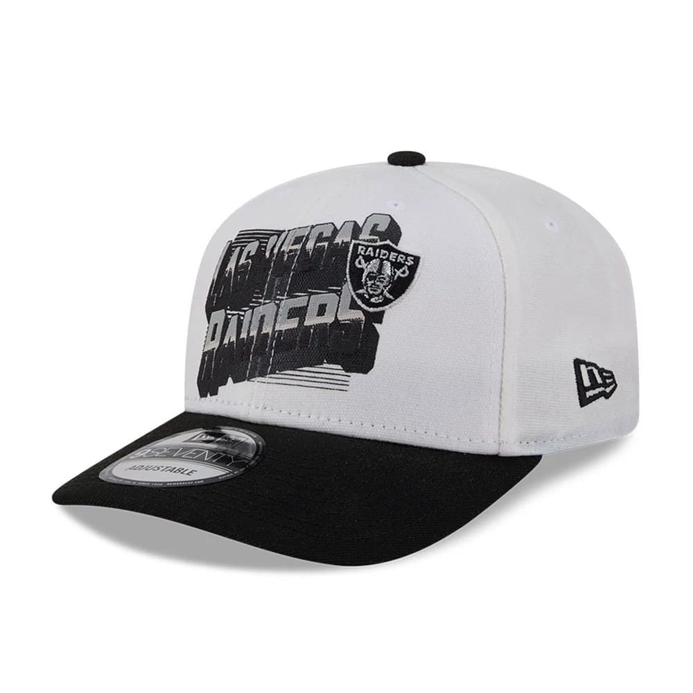 Pictured is this NFL Duck Cloth Las Vegas Raiders 9SEVENTY Stretch Snap cap in white. 1