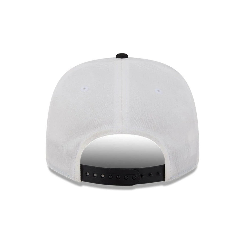 Las Vegas Raiders NFL Duck Cloth White New Era 9SEVENTY Stretch Snap Cap, rear view showing the white fabric panels, a black adjustable snap closure, and a centralised top button above the black undercurved visor.