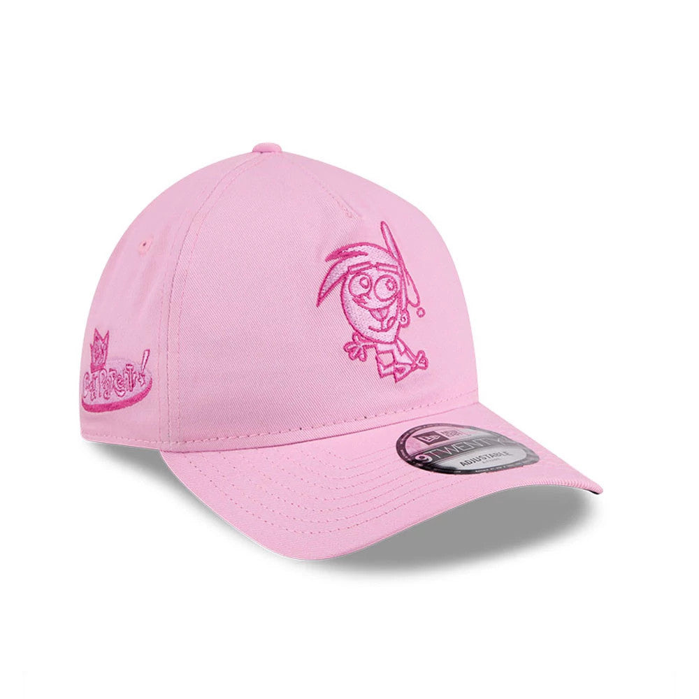 Nickelodeon Fairly Oddparents Pastel Pink New Era 9TWENTY A-Frame Adjustable Cap, front view showing a pink embroidered character on the front panel, a branded logo at the left side, and a 9TWENTY size sticker placed on the curved visor.
