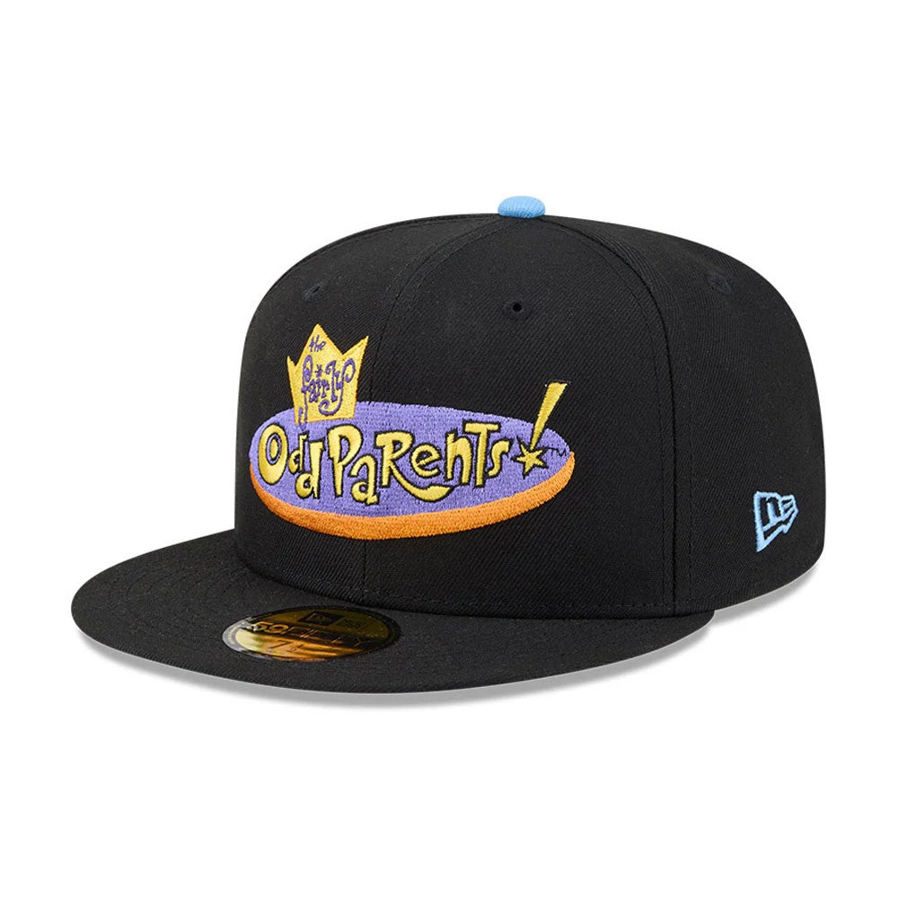 Nickelodeon Fairly Oddparents Jorgen Von Strangle Black New Era 59FIFTY Fitted Cap, three-quarter view showing a colourful embroidered Oddparents logo on the front panel, a blue top button.
