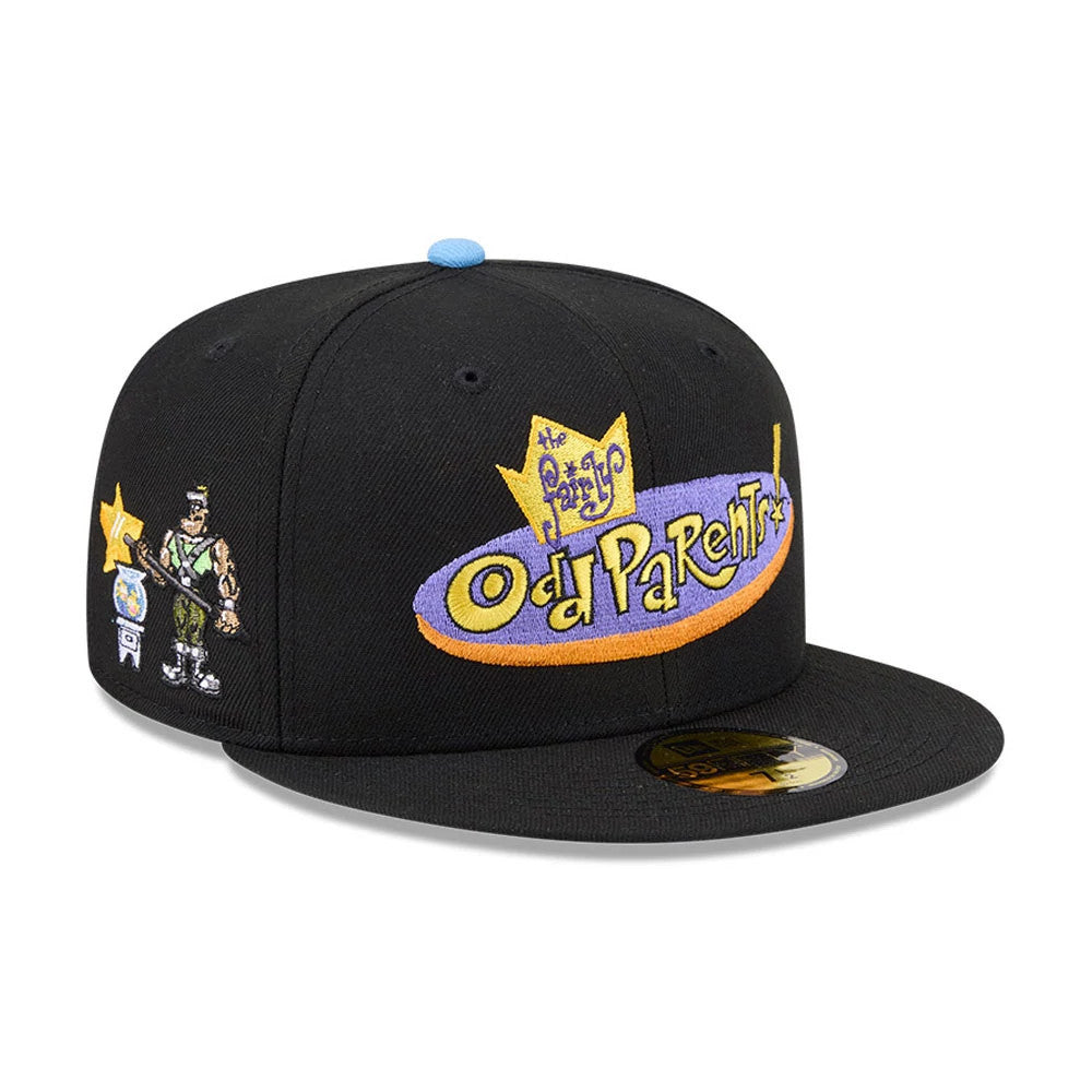 Nickelodeon Fairly Oddparents Jorgen Von Strangle Black New Era 59FIFTY Fitted Cap, front view showing the colourful Fairly Oddparents logo embroidered on the black crown, a gold 59FIFTY size sticker on the flat visor.