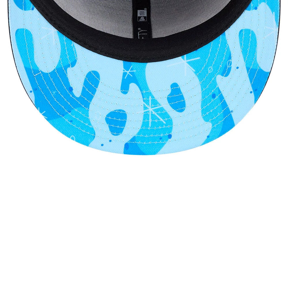 Nickelodeon Fairly Oddparents Jorgen Von Strangle Black New Era 59FIFTY Fitted Cap, inside view showing a blue undervisor with abstract light blue patterns and white stitching, black sweatband lining, and logo-branded black taping.
