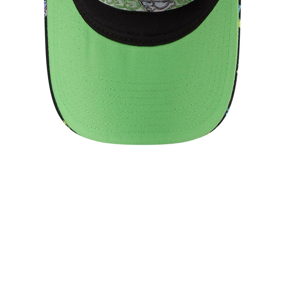 Dexter's Laboratory Boy Genius Black New Era 9TWENTY Adjustable Cap, inside view with a bright green undervisor, a pattern around the black sweatband, and detailed stitching on the visor showcasing intricate design elements.