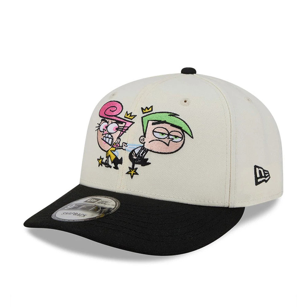 Nickelodeon Fairly Oddparents Is Today Over Yet White New Era 9FIFTY Snapback Cap, three-quarter view showing colourful front panel embroidery of animated characters, contrasting black visor with a 9FIFTY size sticker.