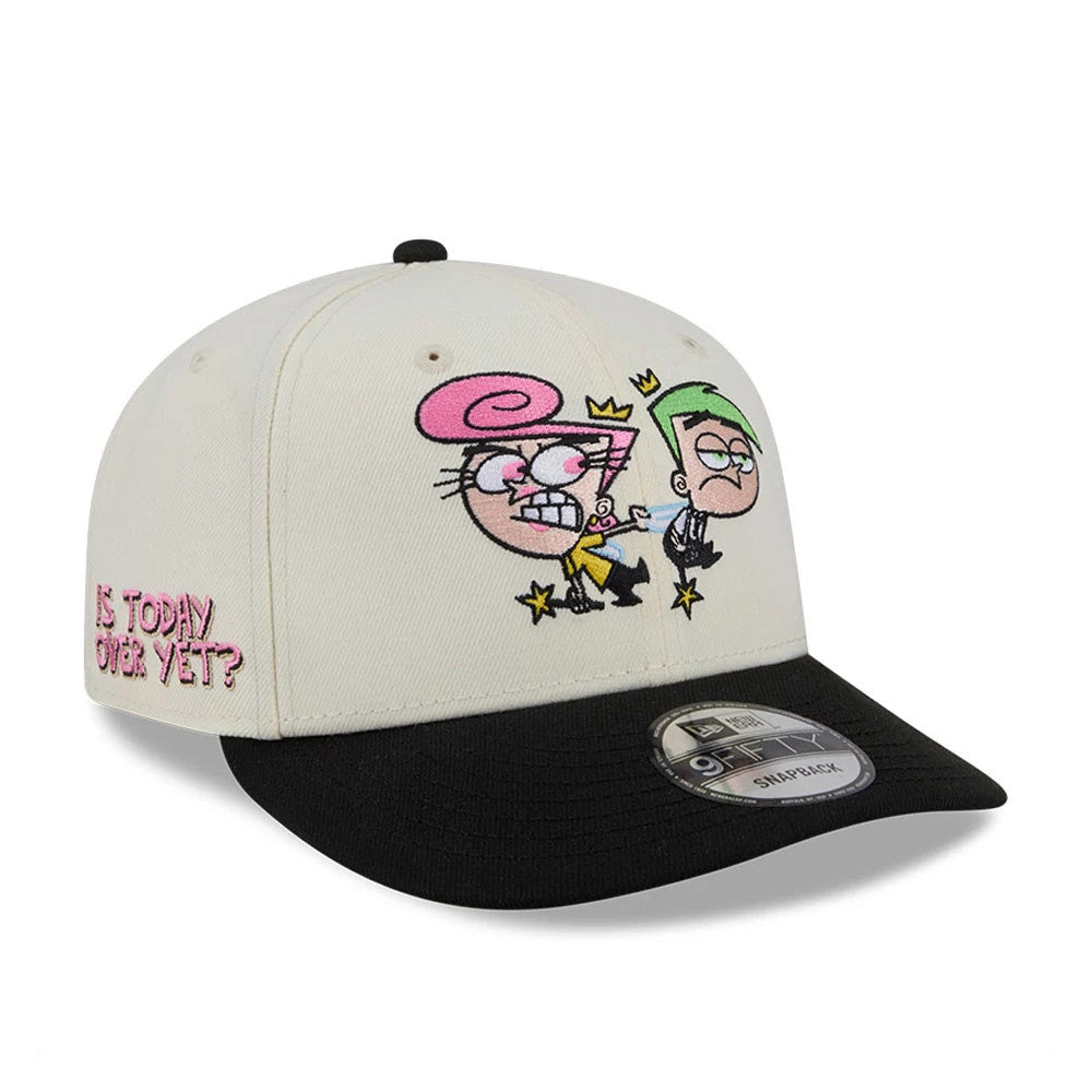 Nickelodeon Fairly Oddparents Is Today Over Yet White New Era 9FIFTY Snapback Cap, front view showing pink and green embroidered cartoon characters on the white front panel, with a black flat visor and a 9FIFTY size sticker on the top.