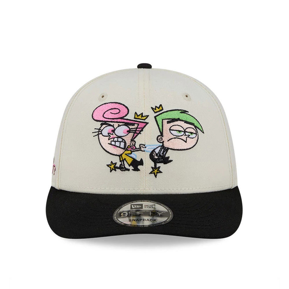 Nickelodeon Fairly Oddparents Is Today Over Yet White New Era 9FIFTY Snapback Cap, front view showing Cosmo and Wanda in embroidered pink and green on the white front panels, black visor and 9FIFTY size sticker on the flat visor.