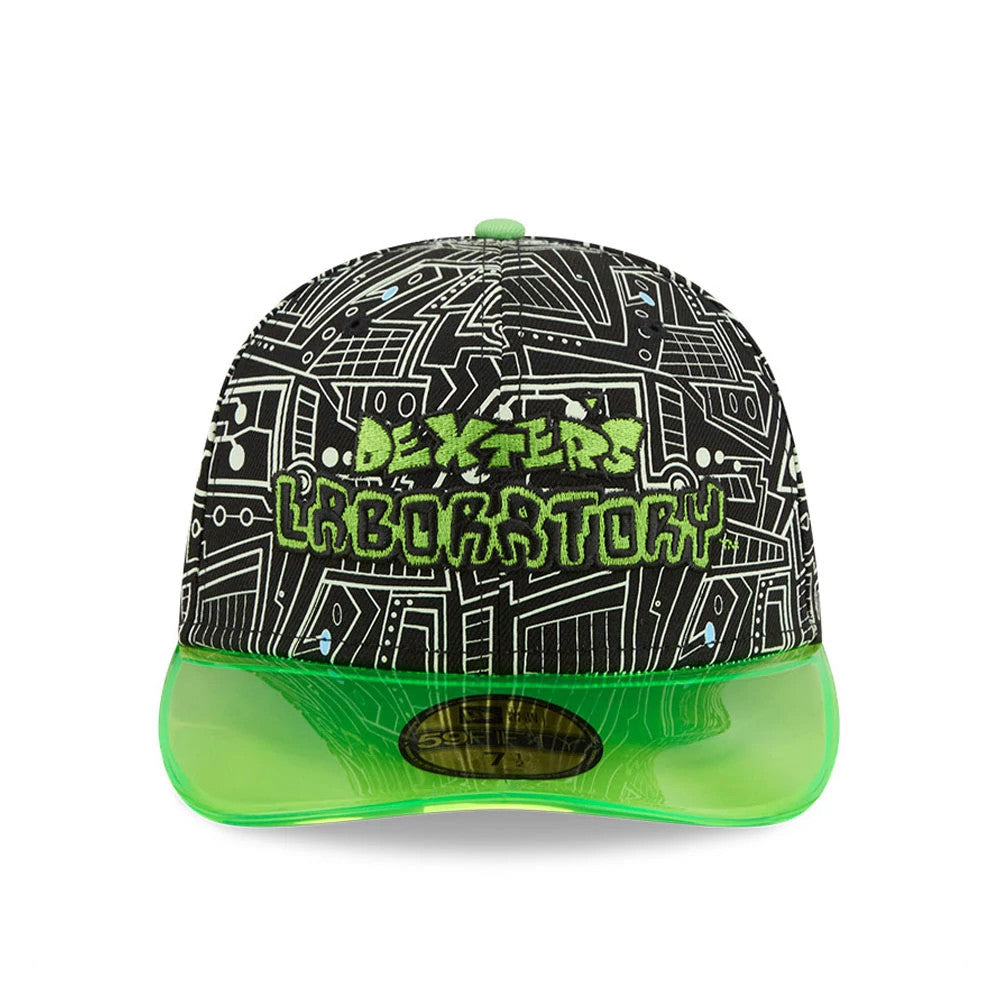 Dexter's Laboratory Black & Neon New Era 59FIFTY Fitted Cap, front view featuring a black and white circuit board pattern on the crown, neon green Dexter's Laboratory embroidered lettering on the front panel.
