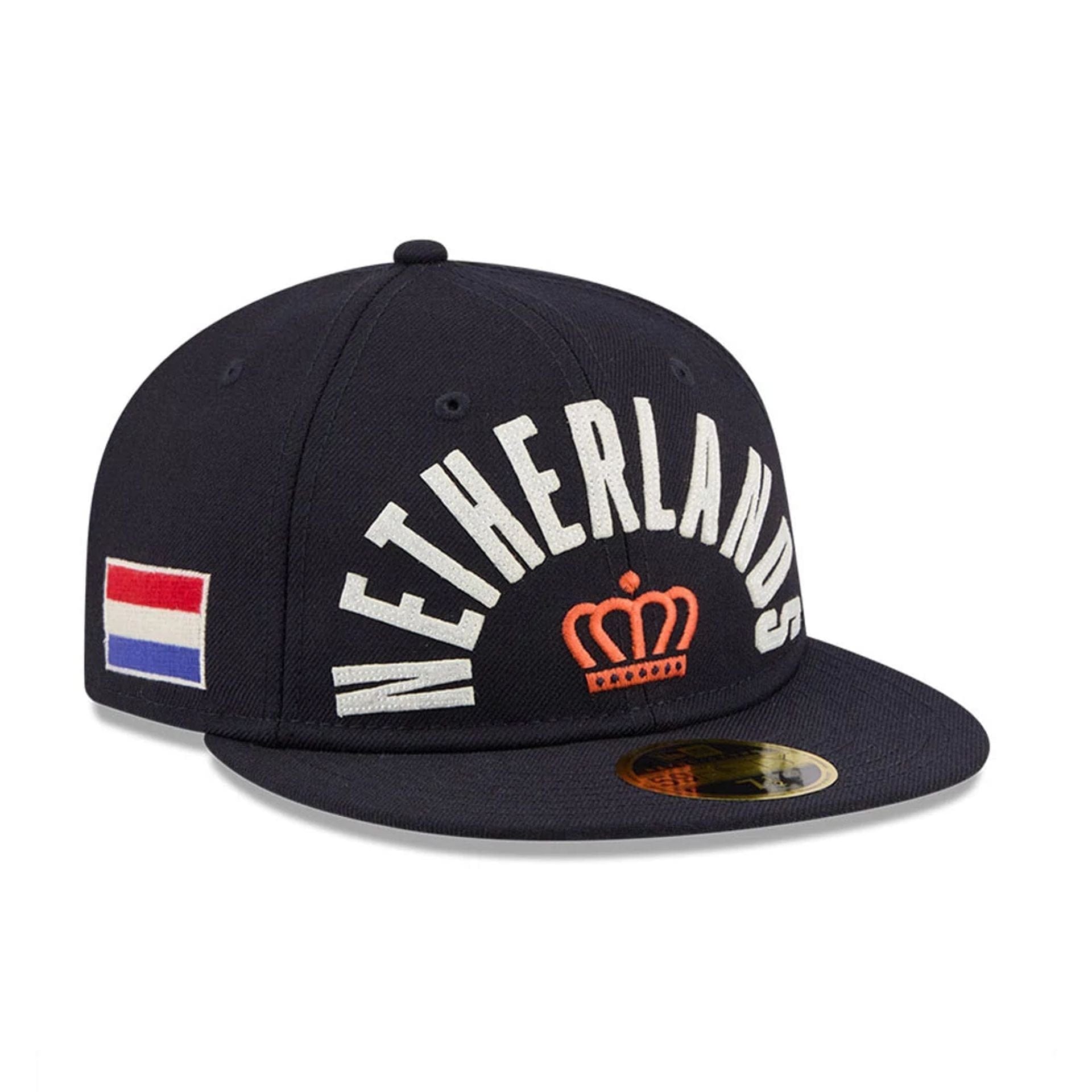 Pictured is this WBC Classical Script Netherlands Retro Crown 59FIFTY Fitted cap in Navy. 1