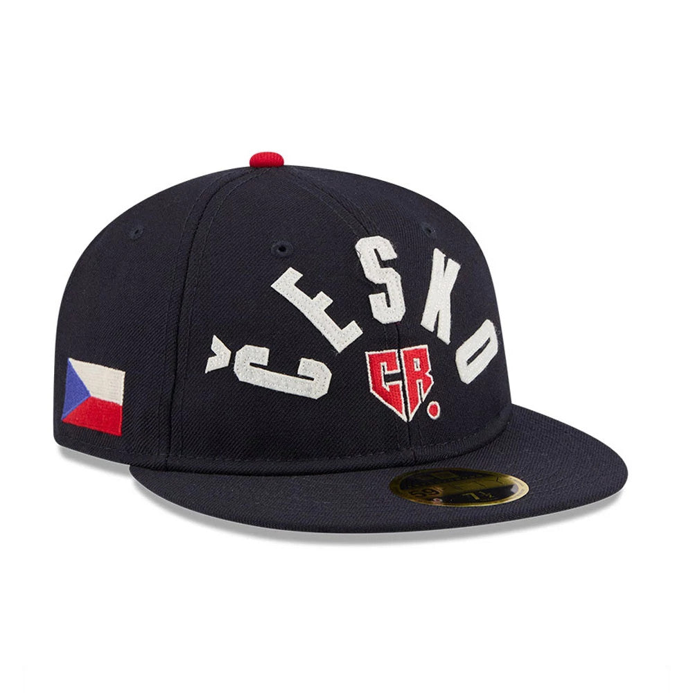 WBC Czech Republic Classical Script Navy New Era Retro Crown 59FIFTY Fitted Cap, three-quarter view showing raised white ČESKO embroidery on the front panel with a red and white CR shield, Czech flag on the right side.
