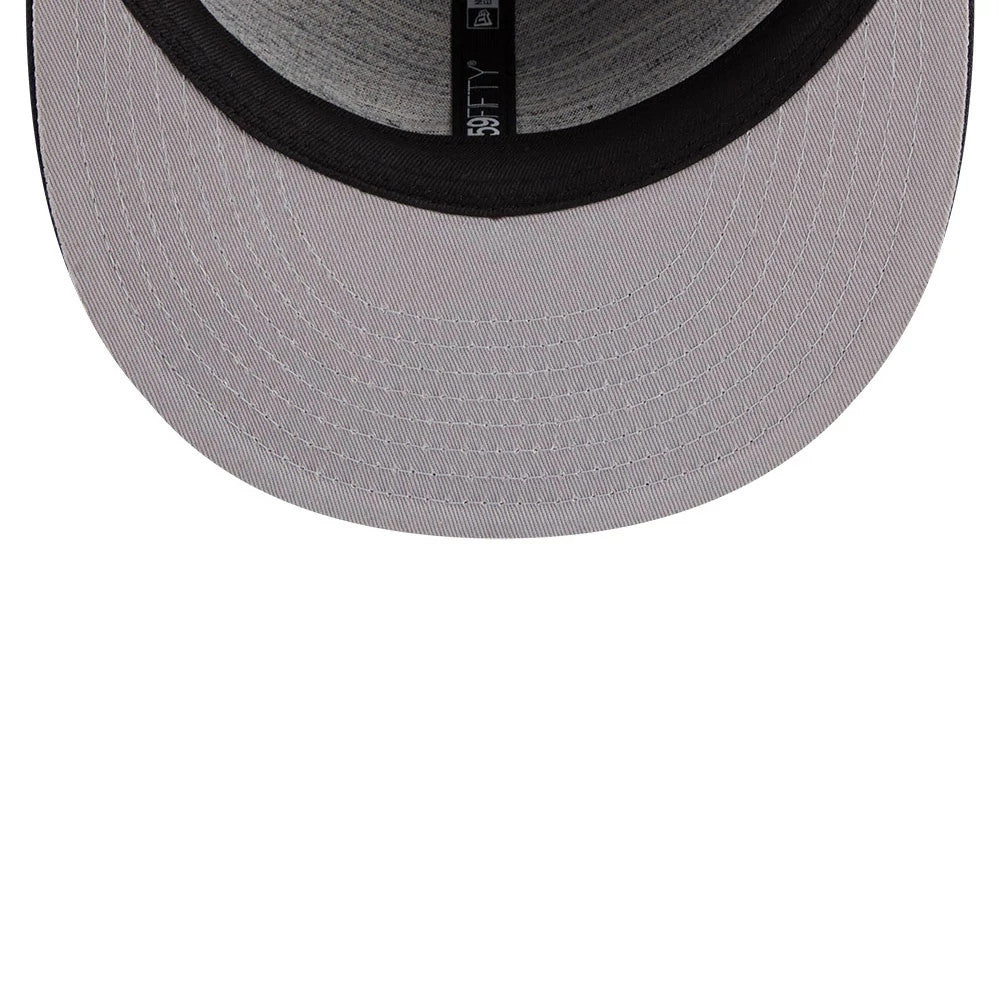 WBC Czech Republic Classical Script Navy Retro Crown New Era 59FIFTY Fitted Cap, inside view showing the light grey undervisor, black sweatband and branded black taping with the 59FIFTY logo, revealing precise stitching details around the visor.