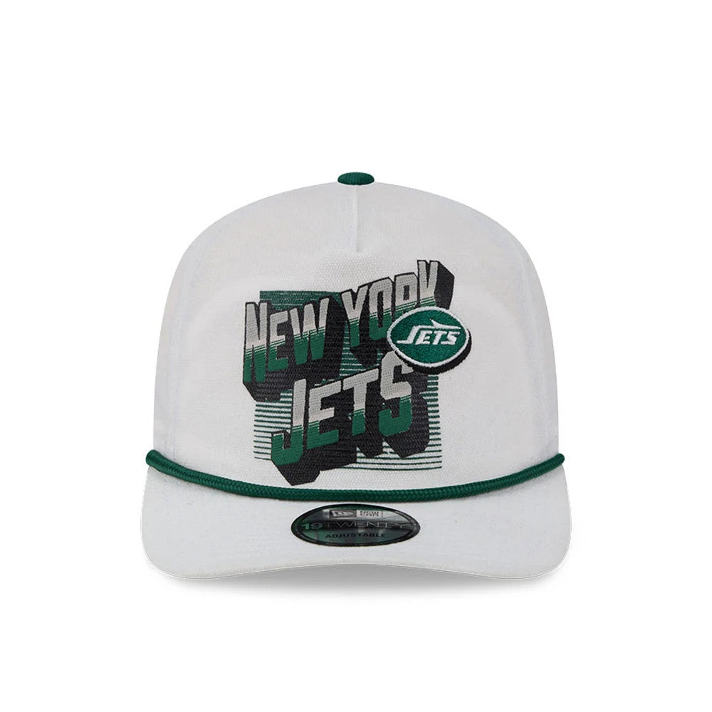 New York Jets NFL Duck Cloth White New Era 19TWENTY Adjustable Cap, front view showing the raised embroidered New York Jets text and logo on the white crown, with a contrasting green rope detail above the visor and a black 19TWENTY size sticker.