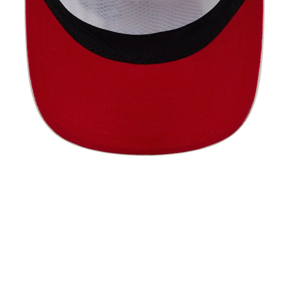 Kansas City Chiefs NFL Duck Cloth White New Era 19TWENTY Adjustable Cap, inside view showing the black sweatband lining the edge of the red curved visor and the white fabric on the underside of the crown.