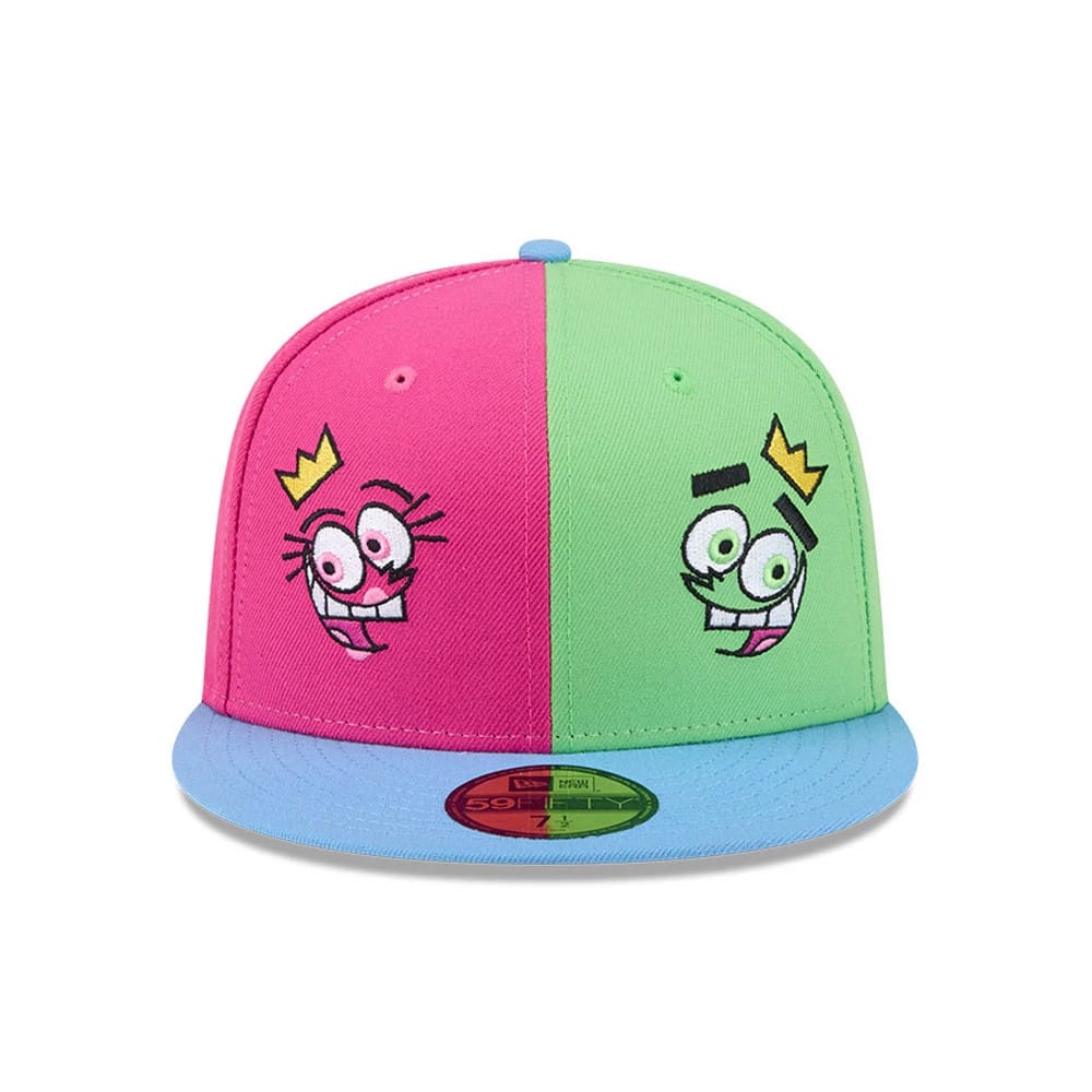 Nickelodeon Fairly Oddparents Multi New Era 59FIFTY Fitted Cap, front view showing embroidered character faces in pink and green panels, a blue flat visor, and a gold 59FIFTY size sticker on the visor.