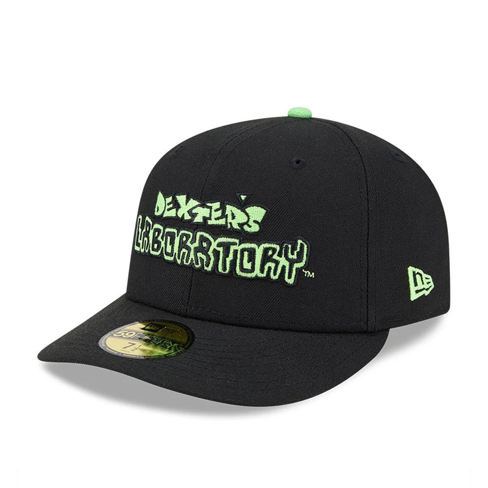 Warner Bros Logo Dexter's Laboratory Black New Era 59FIFTY Fitted Cap, front view showing the light green embroidered Dexter's Laboratory logo on the black structured crown, a matching green New Era flag logo on the left side.