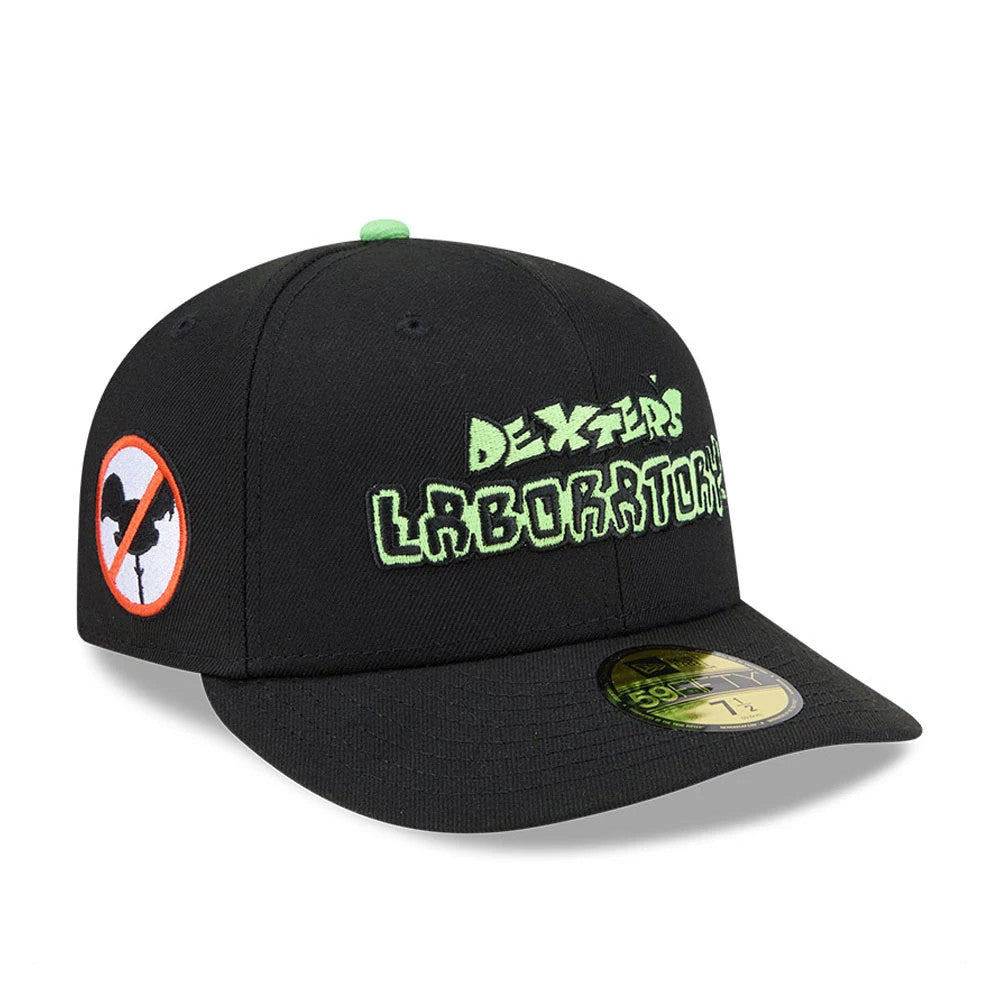 Warner Bros Logo Dexter's Laboratory Black New Era 59FIFTY Fitted Cap, three-quarter view showing the green embroidered Dexter's Laboratory logo on the front panel, a side patch with a character silhouette.