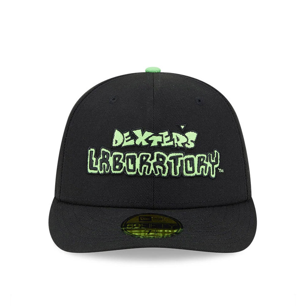 Warner Bros Logo Dexter's Laboratory Black New Era 59FIFTY Fitted Cap, front view showing the green embroidered Dexter's Laboratory logo on the structured black crown with green top button and matching flat visor.