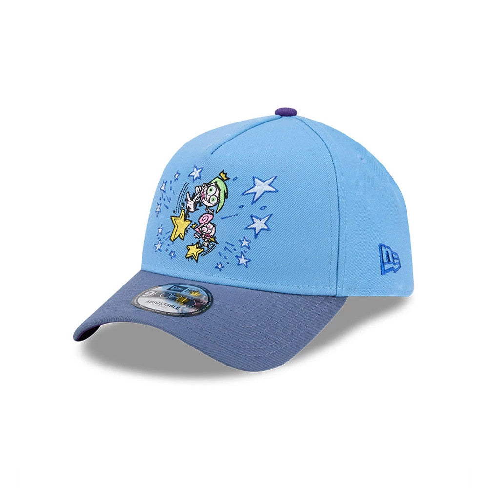 Nickelodeon Fairly Oddparents Pastel Blue New Era 9FORTY A-Frame Adjustable Cap, three-quarter view showing a colourful embroidered design of Cosmo with stars on the front panel, blue curved visor with a 9FORTY size sticker.
