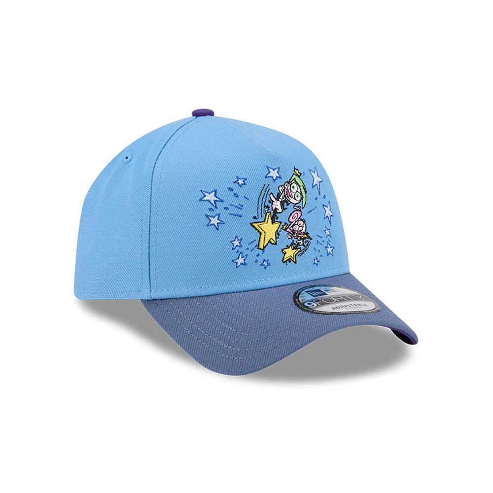 Nickelodeon Fairly Oddparents Pastel Blue New Era 9FORTY A-Frame Adjustable Cap, front view showing colourful embroidered characters and stars on the front panel, with a contrasting purple top button, curved blue visor and 9FORTY size sticker.