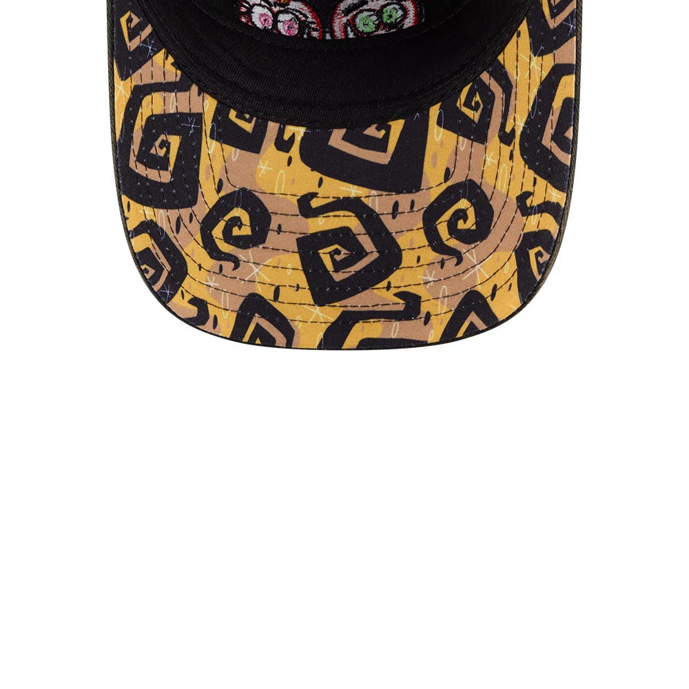 Nickelodeon Fairly Oddparents Acid Wash Black New Era 9TWENTY Adjustable Cap, inside view showing multicoloured Fairly Oddparents graphics on the black sweatband, with an eye-catching yellow and black geometric pattern on the visor's underside.