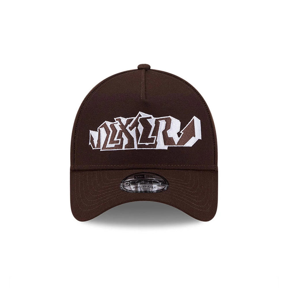 Dexter's Laboratory Dark Brown New Era 9FORTY A-Frame Adjustable Cap, front view showing the white embroidered Dexter logo on the structured dark brown crown, with a matching dark brown curved visor and a 9FORTY size sticker placed centrally.