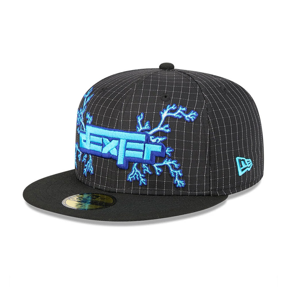 Dexter's Laboratory Electric Black New Era 59FIFTY Fitted Cap, three-quarter view showing the blue embroidered Dexter logo with lightning bolt design on the front panels, black flat visor with gold 59FIFTY size sticker.