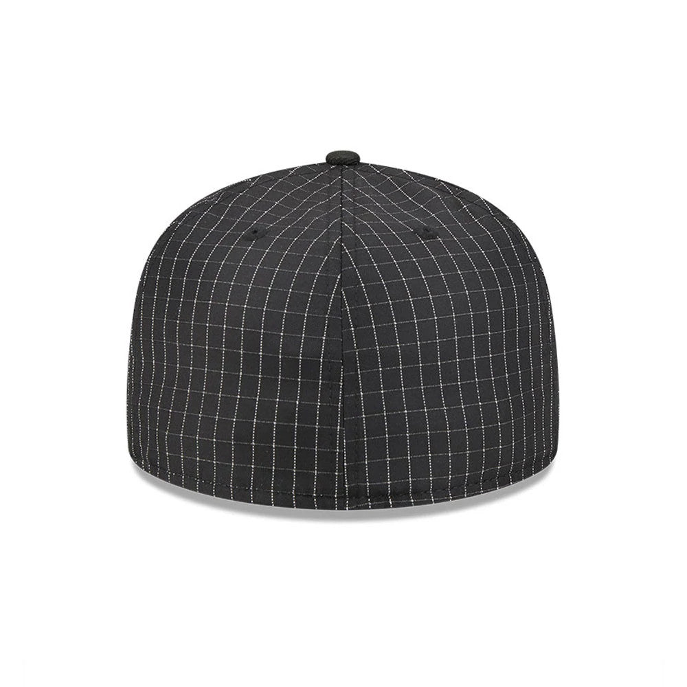 Dexter's Laboratory Electric Black New Era 59FIFTY Fitted Cap, rear view showing a black crown with a white grid pattern, a black top button, and arranged black eyelets on each panel for a classic and structured appearance.