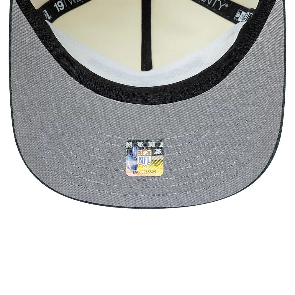 Las Vegas Raiders NFL Metallic Logo Cream New Era 19TWENTY Adjustable Cap, inside view showing the grey undervisor with an NFL sticker near the centre, white sweatband lining, and black taping marked with the 19TWENTY branding.