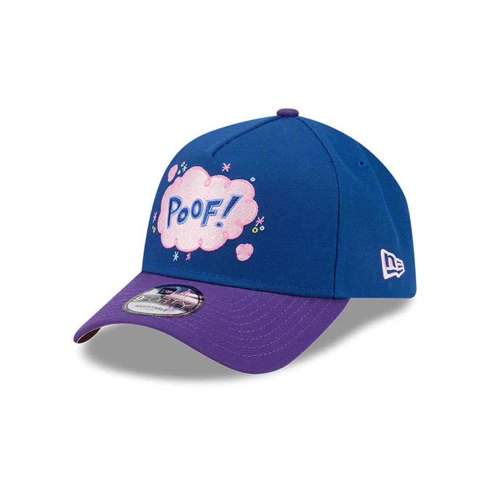 Nickelodeon Fairly Oddparents Blue New Era 9FORTY A-Frame Adjustable Cap, front view showing the pink and white embroidered 'Poof!' graphic with stars on the blue crown, purple curved visor with 9FORTY size sticker.