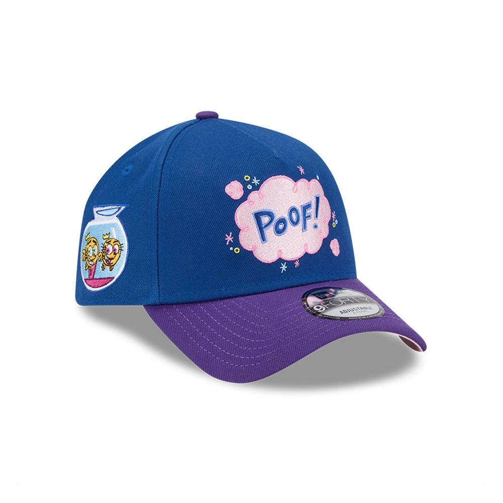 Nickelodeon Fairly Oddparents Blue New Era 9FORTY A-Frame Adjustable Cap, three-quarter view showing the pink embroidered Poof! speech bubble on the front panel, a fishbowl graphic on the side, and the purple visor with a 9FORTY size sticker.