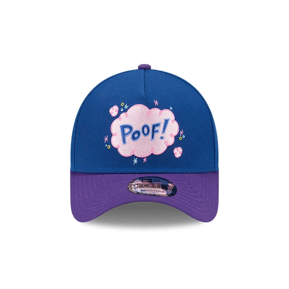 Nickelodeon Fairly Oddparents Blue New Era 9FORTY A-Frame Adjustable Cap, front view showing a pink Poof! embroidered design with decorative elements on the royal blue crown, paired with a contrasting purple curved visor and a 9FORTY size sticker.