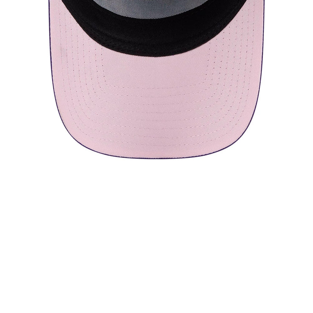 Nickelodeon Fairly Oddparents Blue New Era 9FORTY A-Frame Adjustable Cap, underside view showing a contrasting light pink undervisor with neat rows of stitching along the curved black edge of the visor.