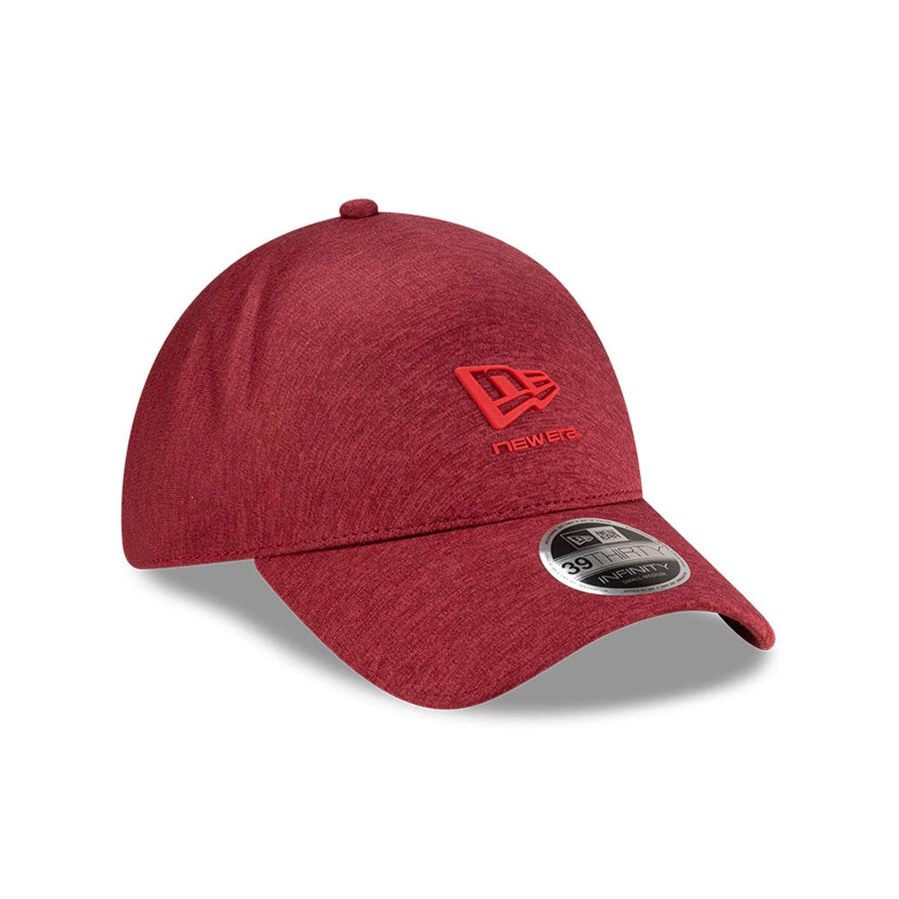 New Era Dark Red 39THIRTY Infinity Stretch Fit Cap, front view showing a raised red embroidered New Era logo on the front panel, with dark red curved visor and 39THIRTY size sticker prominently displayed on the visor.