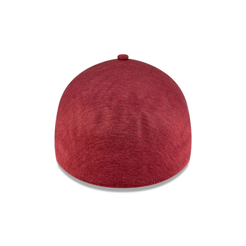 New Era Dark Red 39THIRTY Infinity Stretch Fit Cap, rear view showing a seamless dark red structured crown with no logos or embroidery, featuring a top button in the same colour for a clean, unified look.