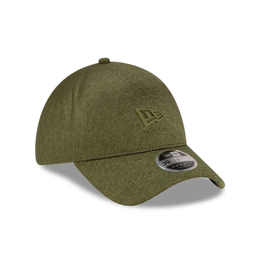 New Era Green 39THIRTY Infinity Stretch Fit Cap, three-quarter view showing the raised embroidered New Era logo on the front panel, curved green visor with a 39THIRTY size sticker, and structured olive crown with a matching top button.