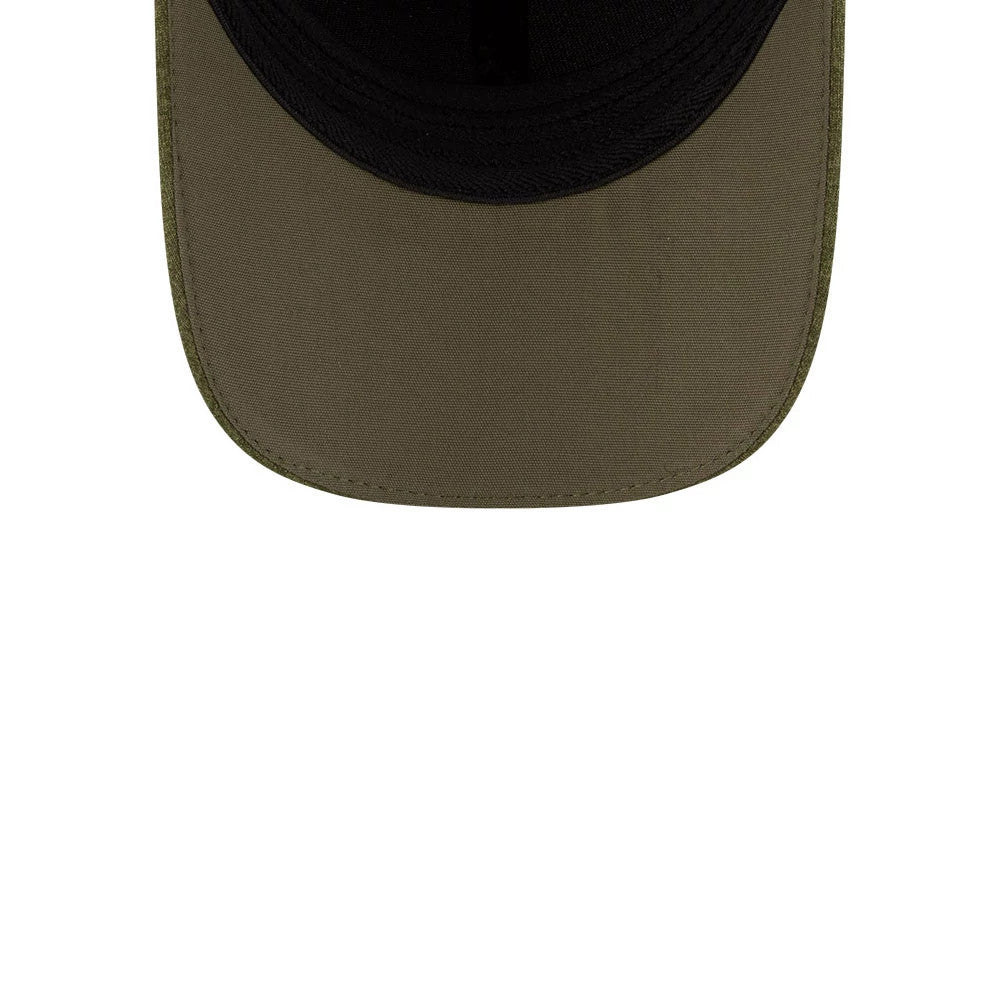 New Era Green 39THIRTY Infinity Stretch Fit Cap, inside view showing a black sweatband that lines the perimeter, contrasting with the olive green undervisor and displaying neat stitching around the edges for enhanced durability and a quality finish.